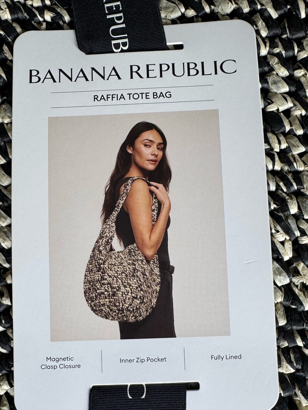 Banana Republic Black and Cream Raffia Tote Bag Summer Bag